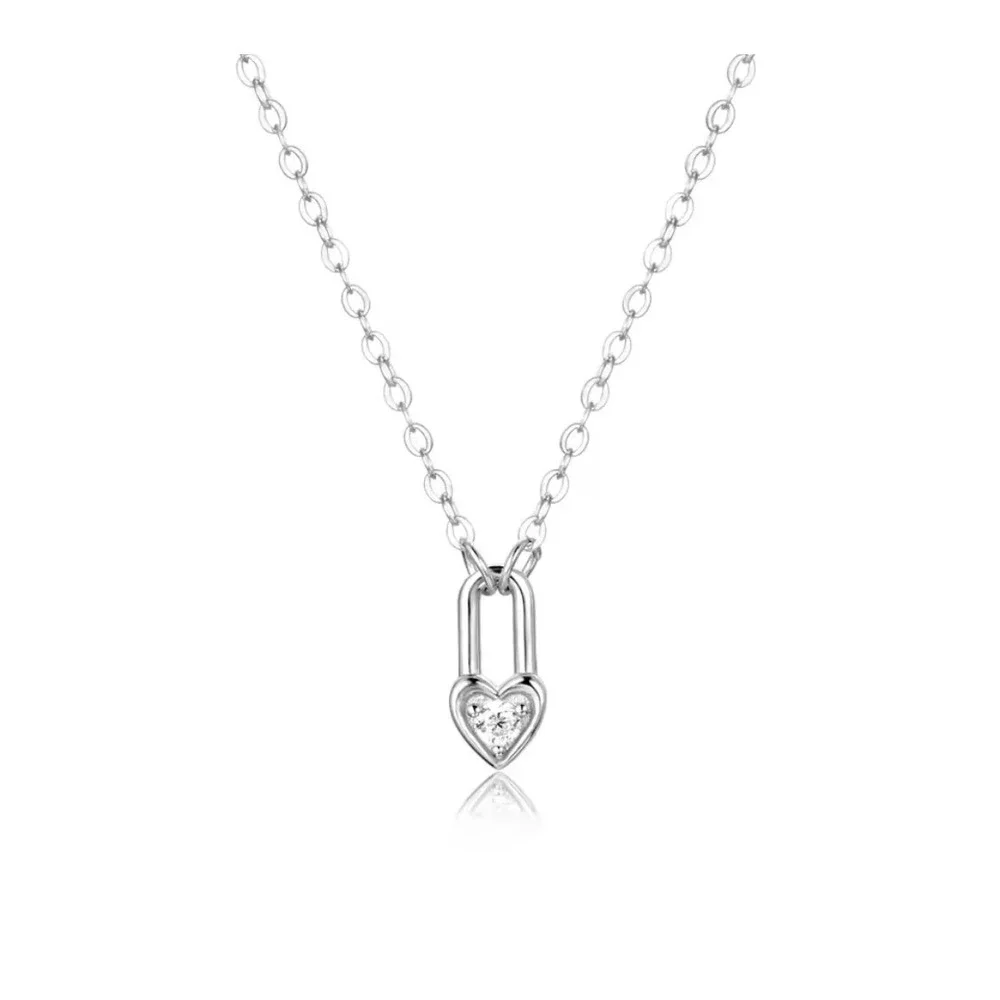 NEW White Gold Filled‎ Heart Lock Diamond Simulate Pendant Necklace